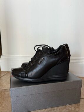 Prada Black Leather Wedge Sneakers